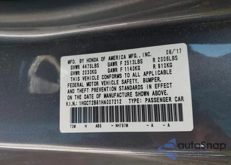 2017 Honda Accord Ex-L V6 from USA, damaged, VIN 1HGCT2B81HA007212